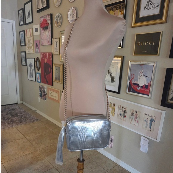 Victorias Secret Metallic Silver Snakeskin Embossed Crossbody Bag Gold Chain NWT - Picture 2 of 6